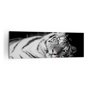 Cuadro sobre lienzo - Impresión de Imagen - Un tigre blanco representado artísticamente sobre un fondo negro. - 160x50cm - Salvaje y tranquilo - Decoración de pared moderna para salón y dormitorio ARTTOR