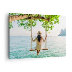 Cuadro sobre lienzo - Impresión de Imagen - Mujer en un columpio junto al mar en un paisaje tropical - 70x50cm - La vida es bella - Decoración de pared moderna para salón y dormitorio ARTTOR