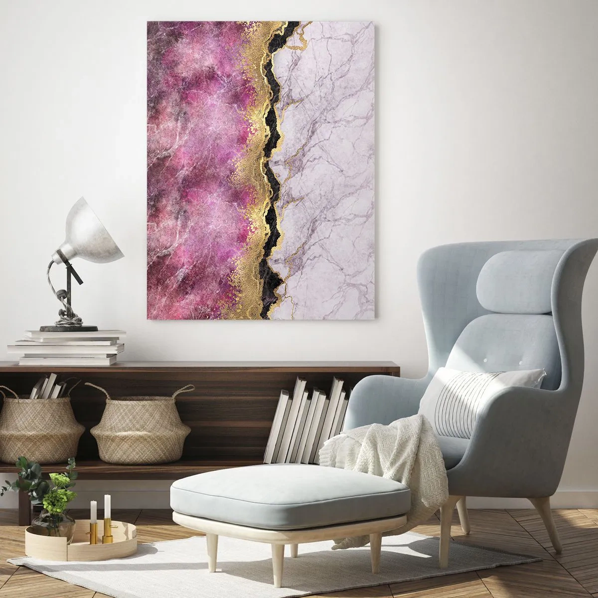 Cuadro sobre vidrio - Impresiones sobre Vidrio - Composición abstracta de mármol con acentos dorados y morados. - 50x70cm - En la frontera - Decoración de pared moderna para salón y dormitorio ARTTOR