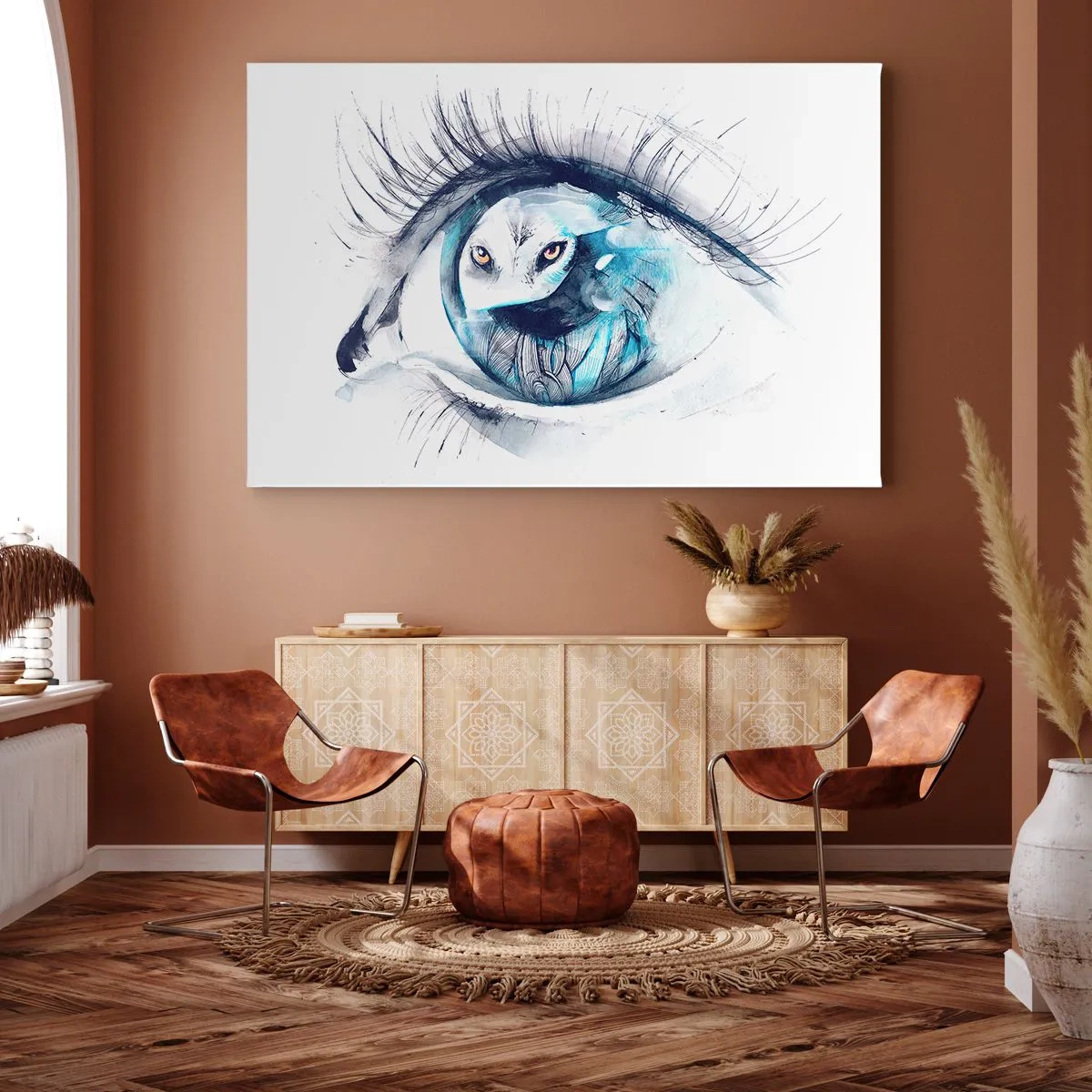 Cuadro sobre lienzo - Impresión de Imagen - Un ojo con la imagen de un búho en tonos de acuarela azul. - 120x80cm - Ojo con la naturaleza - Decoración de pared moderna para salón y dormitorio ARTTOR