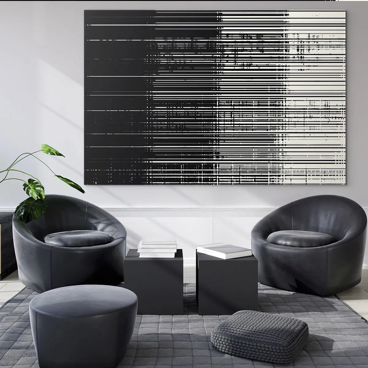 Cuadro sobre vidrio - Impresiones sobre Vidrio - Abstracción en blanco y negro con líneas horizontales que crean un degradado. - 70x50cm - Ondas y vibraciones - Decoración de pared moderna para salón y dormitorio ARTTOR