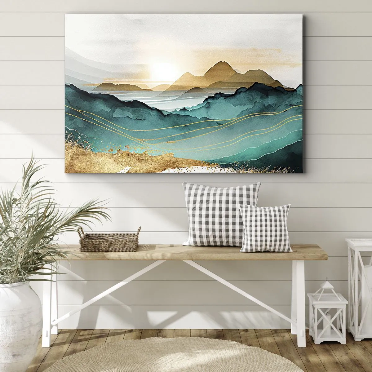 Cuadro sobre lienzo - Impresión de Imagen - Paisaje abstracto con montañas y acentos dorados. - 100x70cm - Al borde de la abstracción - paisaje - Decoración de pared moderna para salón y dormitorio ARTTOR
