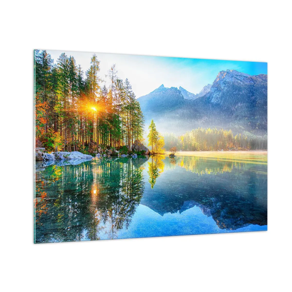 Cuadro sobre vidrio - Impresiones sobre Vidrio - Paisaje de montaña con un lago y el sol de la mañana. - 100x70cm - Majestuosidad y dulzura - Decoración de pared moderna para salón y dormitorio ARTTOR