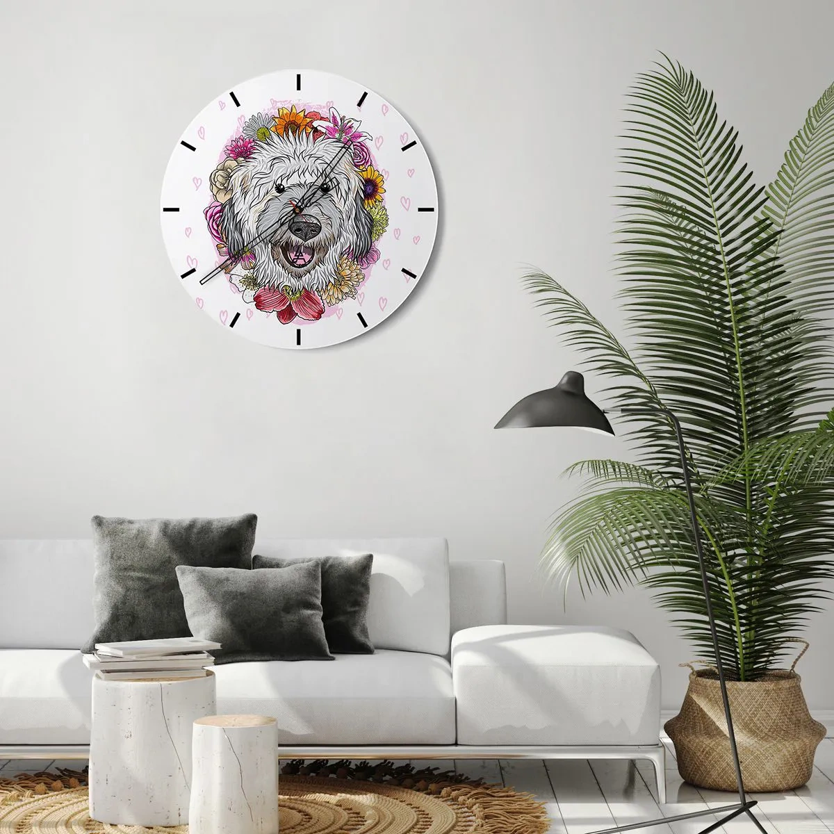 Reloj de pared - Reloj de vidrio - Ilustración de un perro rodeado de flores y corazones. - 30x30cm - Alegría de cachorro - Decoración de pared moderna para salón, cocina y dormitorio ARTTOR