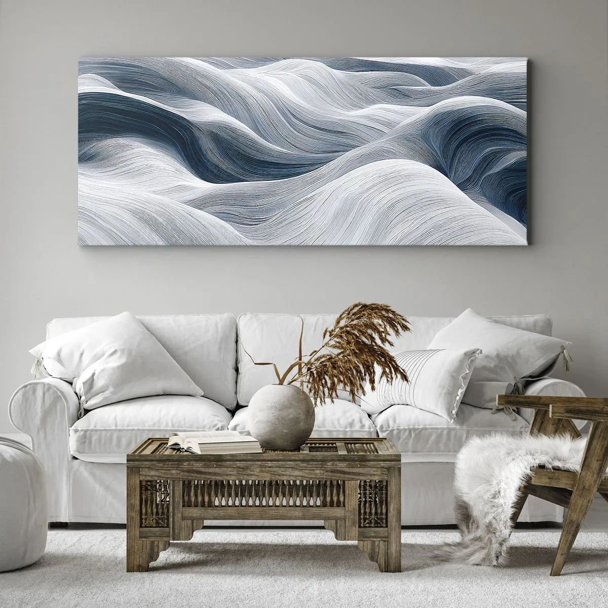 Cuadro sobre lienzo - Impresión de Imagen - Líneas onduladas en tonos azules y blancos. - 160x50cm - Olas blancas y azules - Decoración de pared moderna para salón y dormitorio ARTTOR