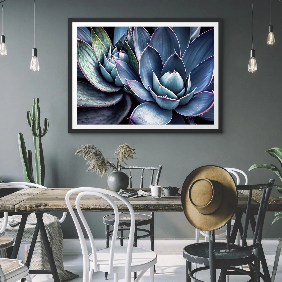 Póster en marco negro - Agave en tonos azules y verdes con acentos rosados. - 100x70cm - Fuerza vital - Decoración de pared moderna para salón y dormitorio ARTTOR