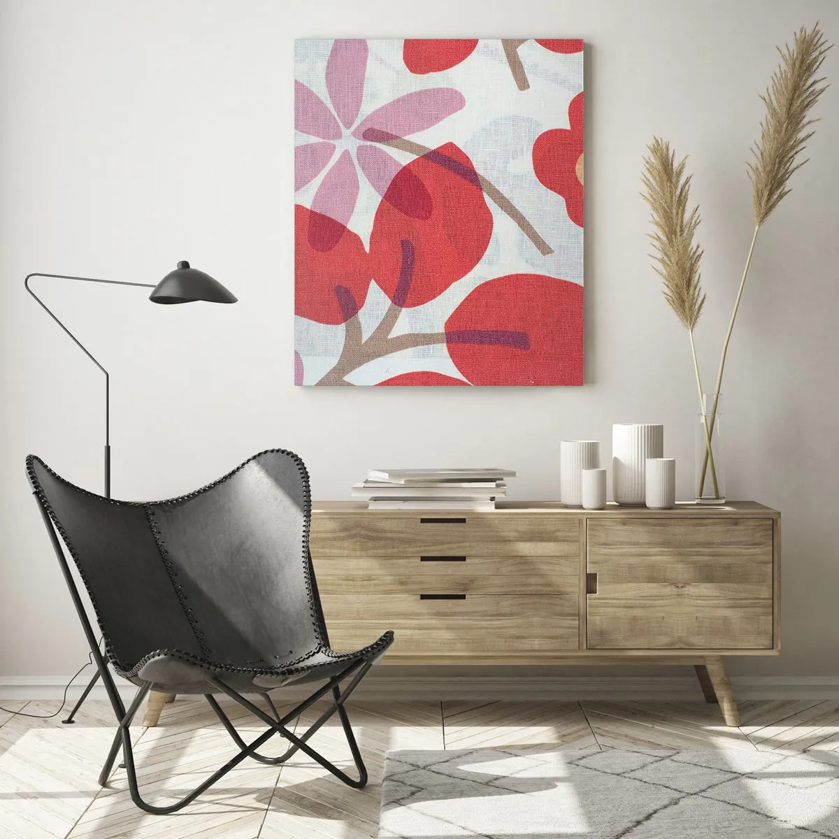 Cuadro sobre vidrio - Impresiones sobre Vidrio - Flores y hojas en tonos rojos y rosas. - 70x100cm - Composición floral en rosa - Decoración de pared moderna para salón y dormitorio ARTTOR