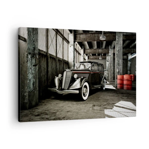 Cuadro sobre lienzo - Impresión de Imagen - Un elegante coche retro en un almacén rústico - 70x50cm - La elegancia perdurable de los años 30. - Decoración de pared moderna para salón y dormitorio ARTTOR