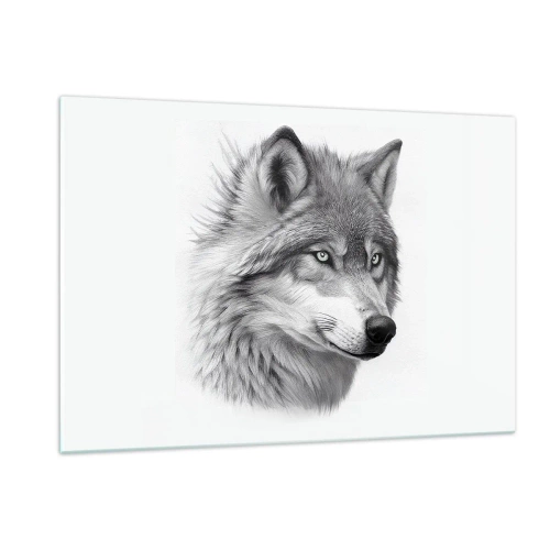 Cuadro sobre vidrio - Impresiones sobre Vidrio - Retrato en blanco y negro de un lobo con una mirada penetrante. - 120x80cm - Alfa - sin duda - Decoración de pared moderna para salón y dormitorio ARTTOR