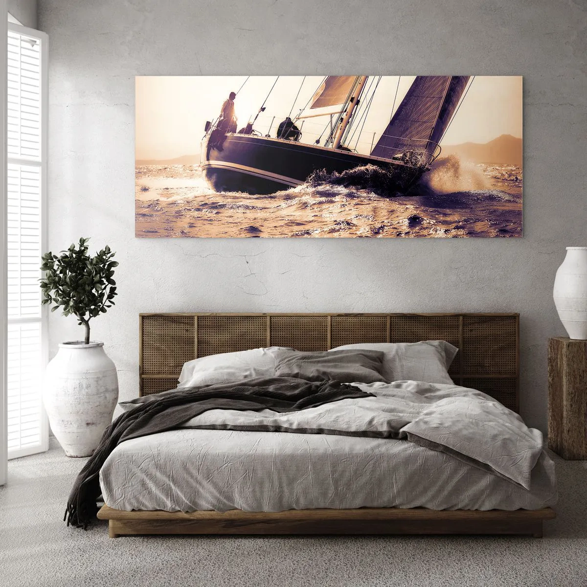 Cuadro sobre vidrio - Impresiones sobre Vidrio - Un yate en un mar tempestuoso a la luz del sol poniente. - 140x50cm - Navega, marinero - Decoración de pared moderna para salón y dormitorio ARTTOR