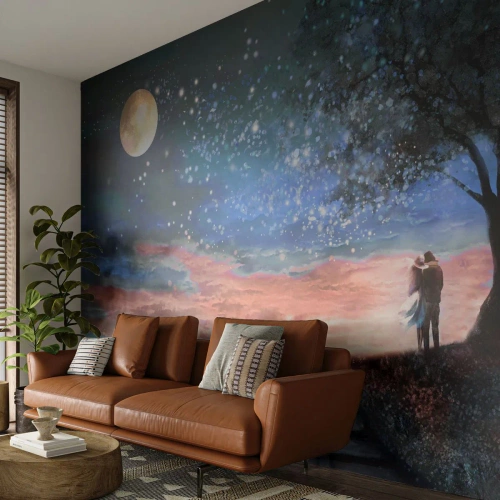 Fotomural Premium Sand - Pareja romántica bajo un árbol a la luz de la luna - 100x70cm - Un espectáculo estelar - Decoración de pared moderna para salón y dormitorio ARTTOR