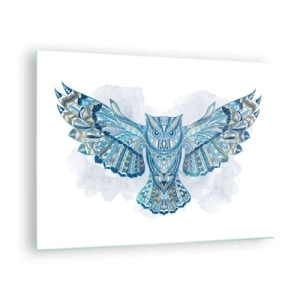 Cuadro sobre vidrio - Impresiones sobre Vidrio - Búho azul con alas extendidas en estilo geométrico - 70x50cm - De una arboleda sagrada celta - Decoración de pared moderna para salón y dormitorio ARTTOR