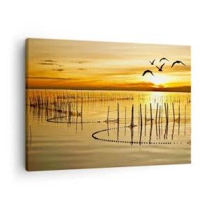 Cuadro sobre lienzo - Impresión de Imagen - Puesta de sol sobre el agua con pájaros en vuelo - 70x50cm - Horizonte naranja - Decoración de pared moderna para salón y dormitorio ARTTOR