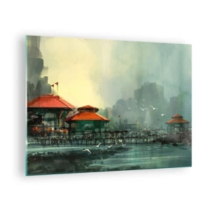 Cuadro sobre vidrio - Impresiones sobre Vidrio - Edificios portuarios con tejados rojos contra la niebla - 70x50cm - Un día soleado en el puerto - Decoración de pared moderna para salón y dormitorio ARTTOR