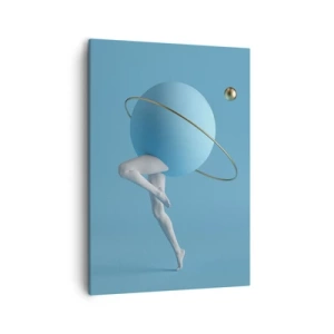 Cuadro sobre lienzo - Impresión de Imagen - Una esfera azul con una órbita y piernas humanas contra el cielo. - 50x70cm - Y los planetas se vuelven locos - Decoración de pared moderna para salón y dormitorio ARTTOR