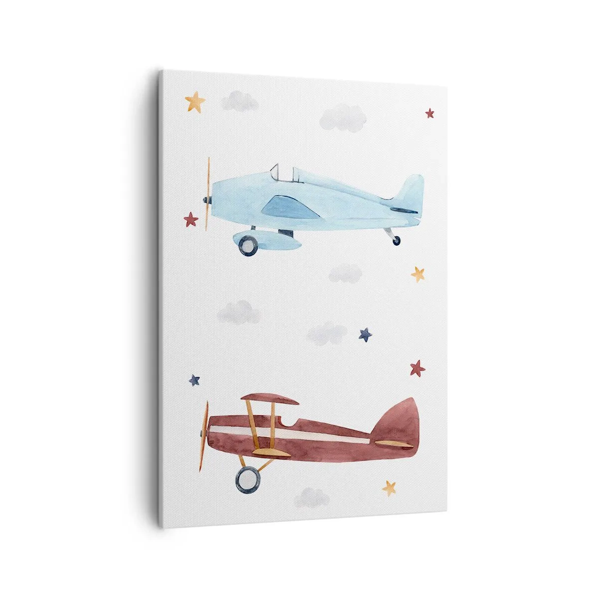 Cuadro sobre lienzo - Impresión de Imagen - Aviones pintados a mano sobre un fondo de nubes y estrellas. - 50x70cm - ¡Piloto, estamos esperando! - Decoración de pared moderna para salón y dormitorio ARTTOR