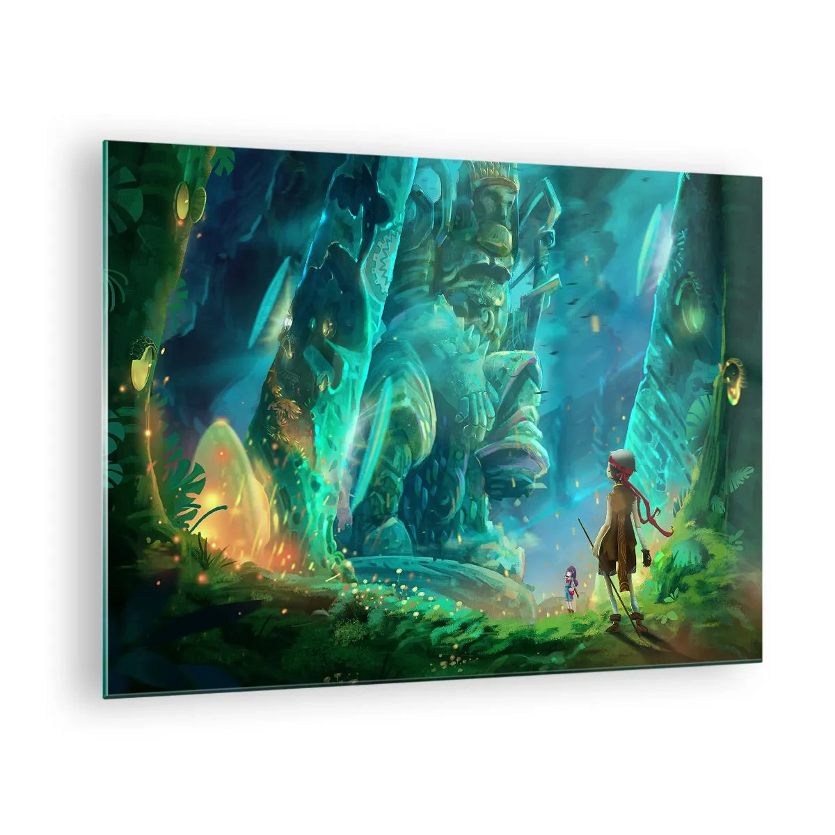 Cuadro sobre vidrio - Impresiones sobre Vidrio - Paisaje de fantasía con una figura y una estatua antigua en el bosque. - 70x50cm - Del gran libro de los cuentos de hadas - Decoración de pared moderna para salón y dormitorio ARTTOR
