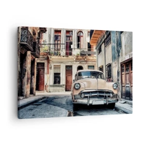 Cuadro sobre lienzo - Impresión de Imagen - Un coche clásico con la arquitectura urbana como telón de fondo - 70x50cm - Siesta en La Habana - Decoración de pared moderna para salón y dormitorio ARTTOR