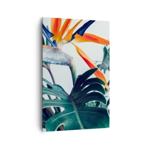 Cuadro sobre lienzo - Impresión de Imagen - Flor de Strelitzia rodeada de hojas bajo una luz brillante. - 80x120cm - La jaula del pájaro colorido - Decoración de pared moderna para salón y dormitorio ARTTOR