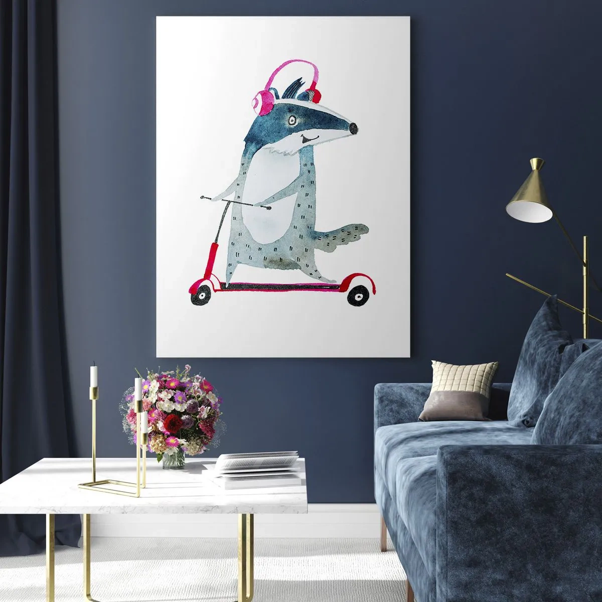 Cuadro sobre vidrio - Impresiones sobre Vidrio - Tejón en un scooter con auriculares rosas - 70x100cm - Alegrías de tejón - Decoración de pared moderna para salón y dormitorio ARTTOR