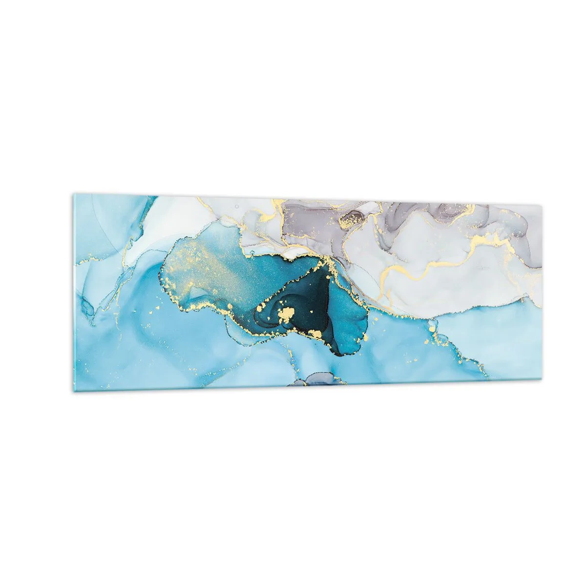 Cuadro sobre vidrio - Impresiones sobre Vidrio - Abstracción en tonos azules y dorados con líneas sutiles. - 140x50cm - Un estudio del encuentro entre el gris y el turquesa - Decoración de pared moderna para salón y dormitorio ARTTOR
