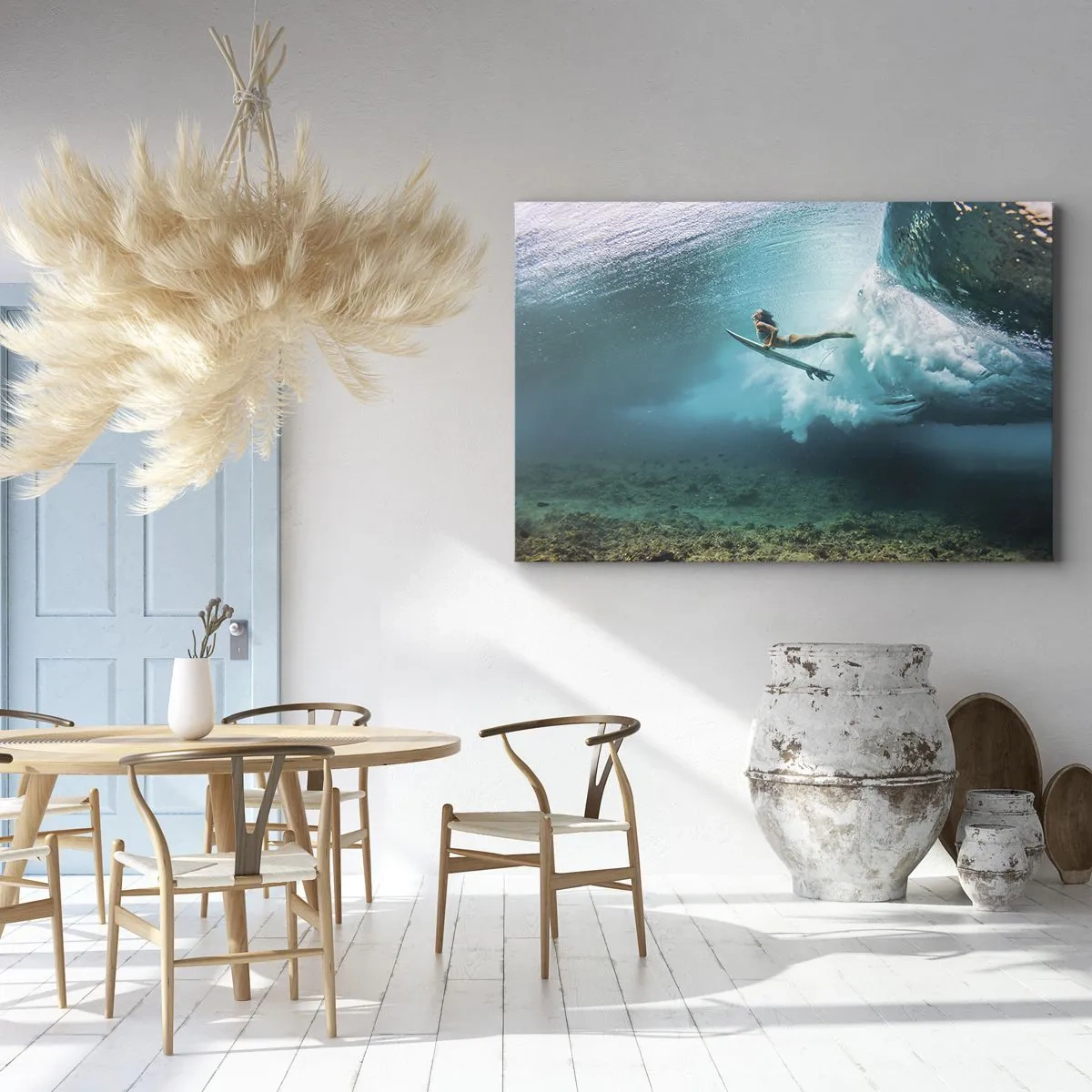Cuadro sobre lienzo - Impresión de Imagen - Surfista bajo una ola en el agua azul del océano - 70x50cm - Mundo submarino - Decoración de pared moderna para salón y dormitorio ARTTOR