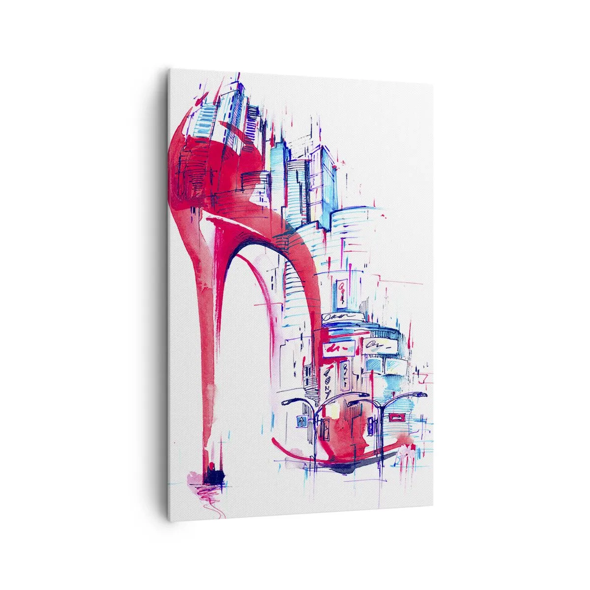 Cuadro sobre lienzo - Impresión de Imagen - Tacón de aguja rojo abstracto con detalles urbanos - 80x120cm - Elegancia metropolitana - Decoración de pared moderna para salón y dormitorio ARTTOR