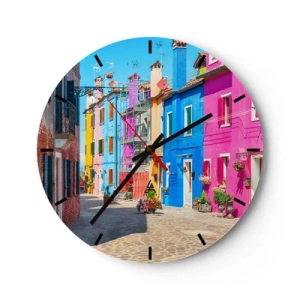Reloj de pared - Reloj de vidrio - Casas de vecindad coloridas en un pueblo encantador y soleado - 30x30cm - Pueblo colorido - Decoración de pared moderna para salón, cocina y dormitorio ARTTOR