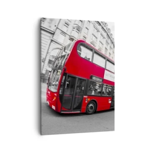 Cuadro sobre lienzo - Impresión de Imagen - Un autobús rojo de Londres contra una calle en blanco y negro - 50x70cm - Londres tradicional - en autobús - Decoración de pared moderna para salón y dormitorio ARTTOR