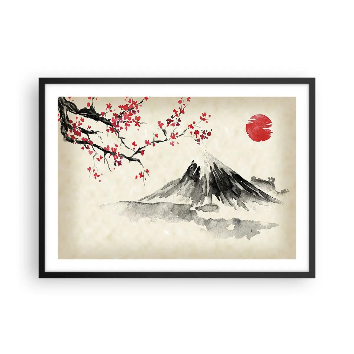 Póster en marco negro - Un paisaje pintoresco con una montaña, cerezos en flor y sol. - 70x50cm - Enamórate de Japón - Decoración de pared moderna para salón y dormitorio ARTTOR