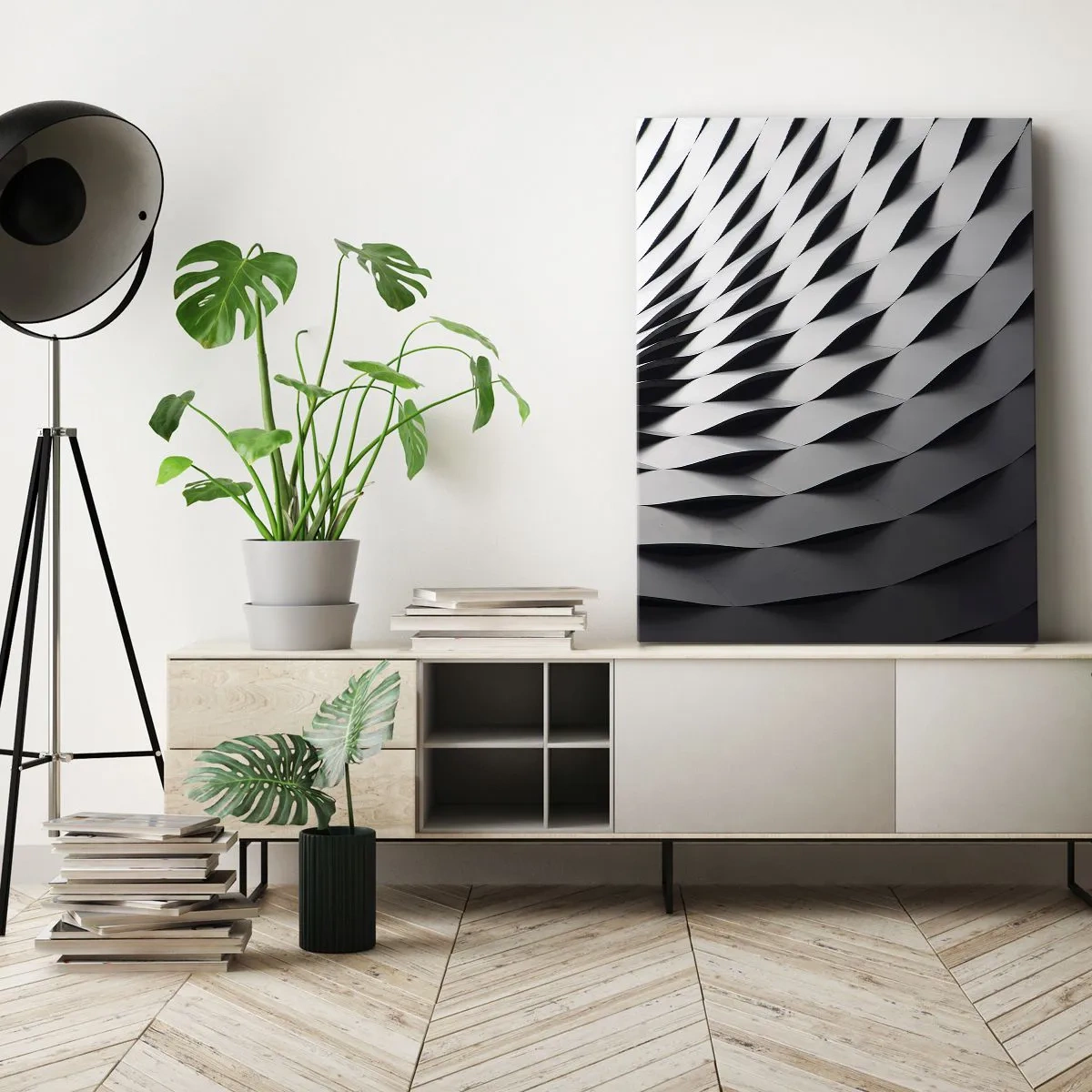 Cuadro sobre lienzo - Impresión de Imagen - Patrón geométrico abstracto en tonos blanco y negro. - 50x70cm - En la superficie de las ondas - Decoración de pared moderna para salón y dormitorio ARTTOR