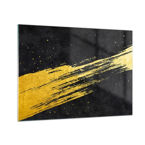 Cuadro sobre vidrio - Impresiones sobre Vidrio - Un pincel dorado sobre un fondo negro en una forma dinámica y abstracta. - 70x50cm - Saltar al hiperespacio - Decoración de pared moderna para salón y dormitorio ARTTOR