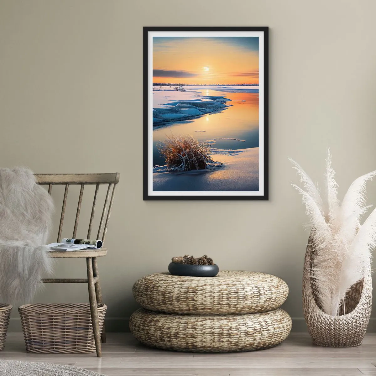 Póster en marco negro - Paisaje invernal con un río al atardecer - 50x70cm - Atardecer de invierno - Decoración de pared moderna para salón y dormitorio ARTTOR