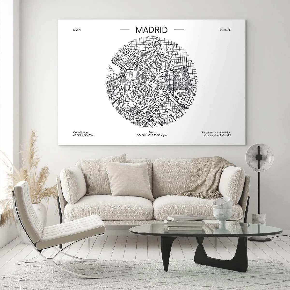 Cuadro sobre vidrio - Impresiones sobre Vidrio - Un mapa minimalista de Madrid en blanco y negro en forma circular. - 120x80cm - Anatomía de Madrid - Decoración de pared moderna para salón y dormitorio ARTTOR