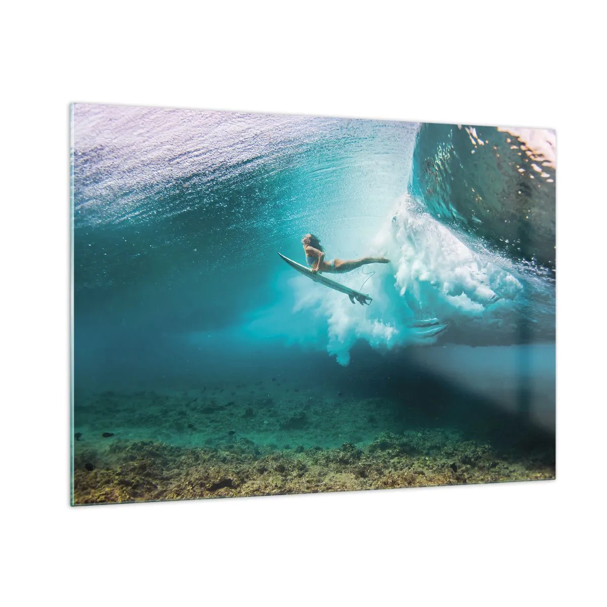 Cuadro sobre vidrio - Impresiones sobre Vidrio - Surfista bajo el agua entre las olas con una tabla de surf - 100x70cm - Mundo submarino - Decoración de pared moderna para salón y dormitorio ARTTOR