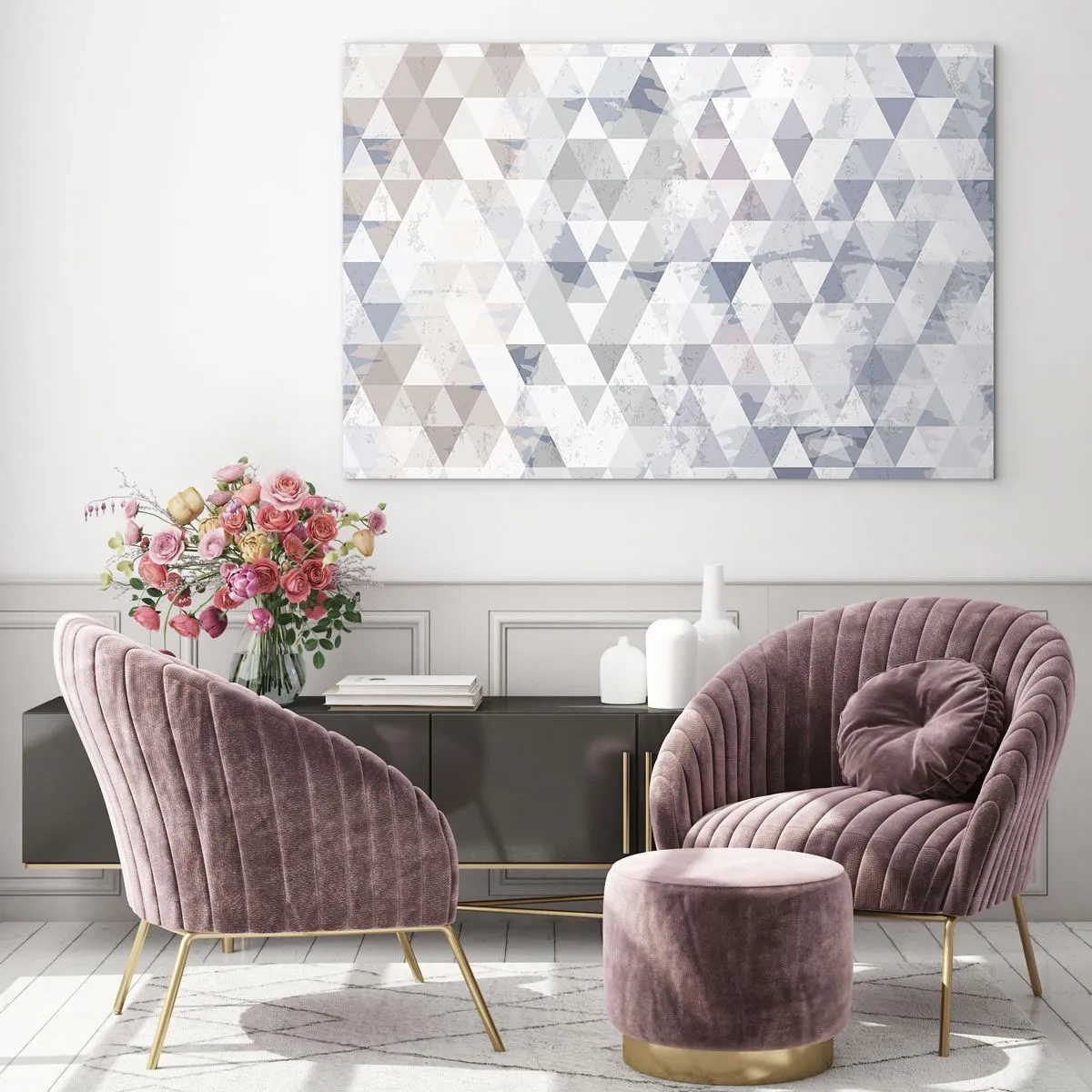 Cuadro sobre vidrio - Impresiones sobre Vidrio - Patrón de triángulo geométrico en tonos neutros de gris y beige. - 70x50cm - A ritmo de triángulo - Decoración de pared moderna para salón y dormitorio ARTTOR