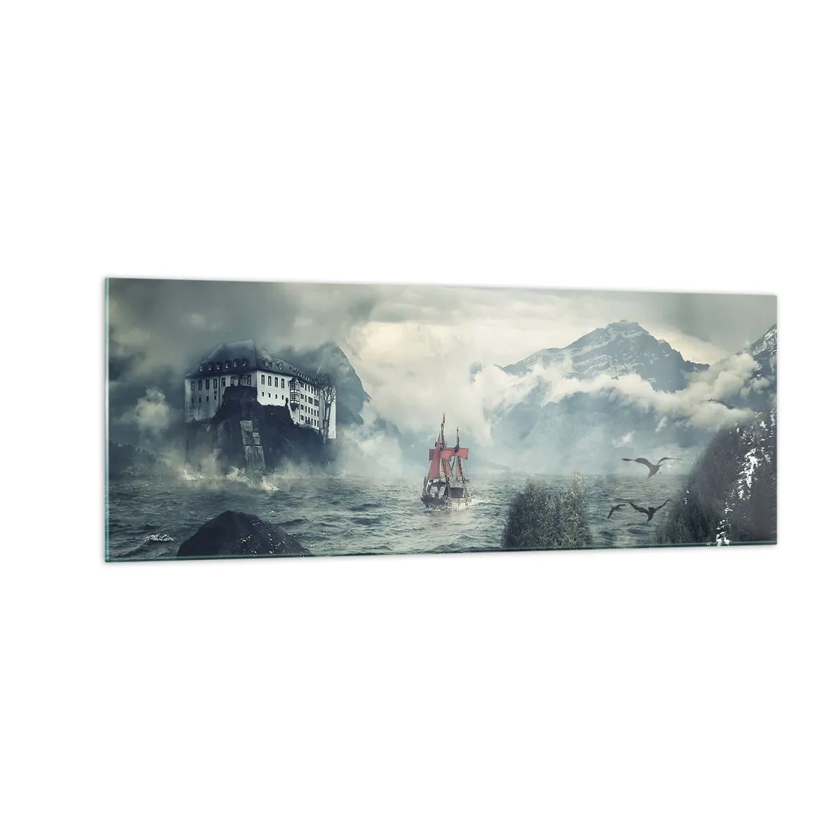 Cuadro sobre vidrio - Impresiones sobre Vidrio - Un paisaje misterioso con un castillo, montañas y un barco. - 140x50cm - En aguas mágicas - Decoración de pared moderna para salón y dormitorio ARTTOR