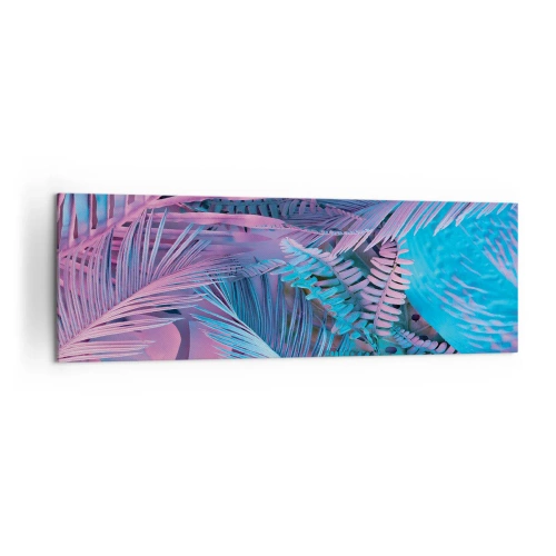 Cuadro sobre lienzo - Impresión de Imagen - Hojas tropicales en tonos rosa y azul. - 160x50cm - Trópicos en rosa y azul - Decoración de pared moderna para salón y dormitorio ARTTOR