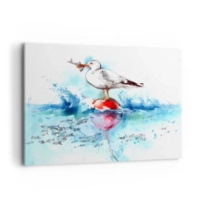 Cuadro sobre lienzo - Impresión de Imagen - Gaviota en una boya con peces al fondo en estilo acuarela - 120x80cm - Una captura exitosa - Decoración de pared moderna para salón y dormitorio ARTTOR