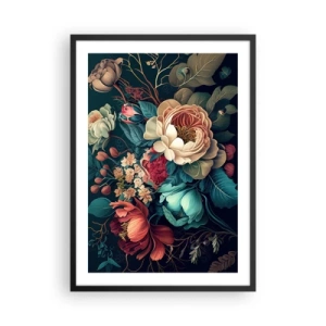 Póster en marco negro - Un ramo de flores de estilo barroco sobre un fondo oscuro. - 50x70cm - Encanto del siglo XIX - Decoración de pared moderna para salón y dormitorio ARTTOR