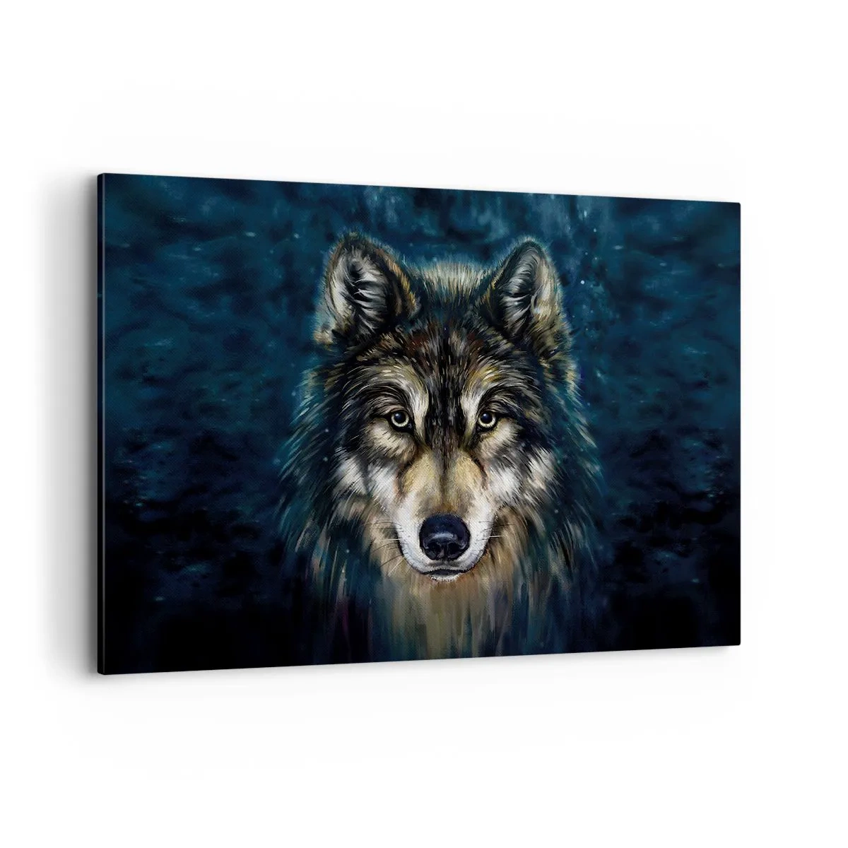 Cuadro sobre lienzo - Impresión de Imagen - Retrato de un lobo sobre un fondo azul oscuro - 120x80cm - ¿Alfa? Y omega - Decoración de pared moderna para salón y dormitorio ARTTOR
