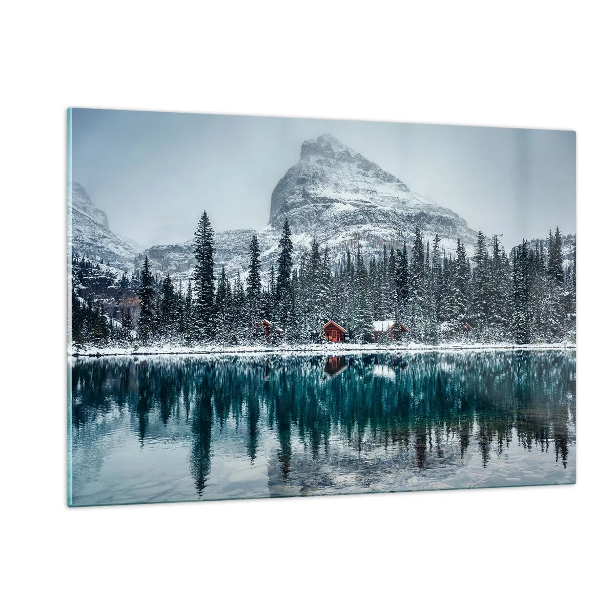 Cuadro sobre vidrio - Impresiones sobre Vidrio - Paisaje invernal con montañas, bosques y cabañas junto al lago. - 120x80cm - Retiro canadiense - Decoración de pared moderna para salón y dormitorio ARTTOR