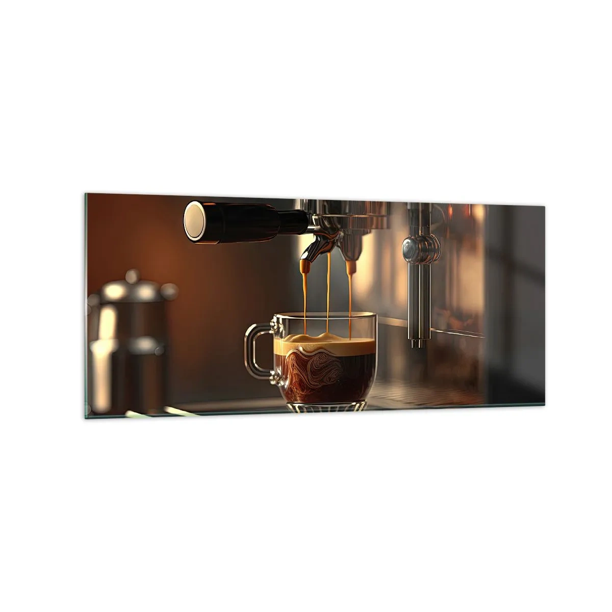 Cuadro sobre vidrio - Impresiones sobre Vidrio - Cafetera con una taza de espresso aromático. - 120x50cm - Un brebaje sensual - Decoración de pared moderna para salón y dormitorio ARTTOR