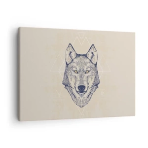 Cuadro sobre lienzo - Impresión de Imagen - Un lobo geométrico sobre un fondo claro con patrones minimalistas. - 70x50cm - La mirada del lobo alfa - Decoración de pared moderna para salón y dormitorio ARTTOR