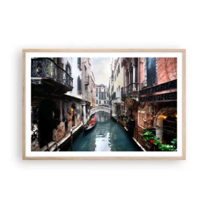 Póster en marco roble claro - Paisaje veneciano con góndola y puente - 91x61 cm