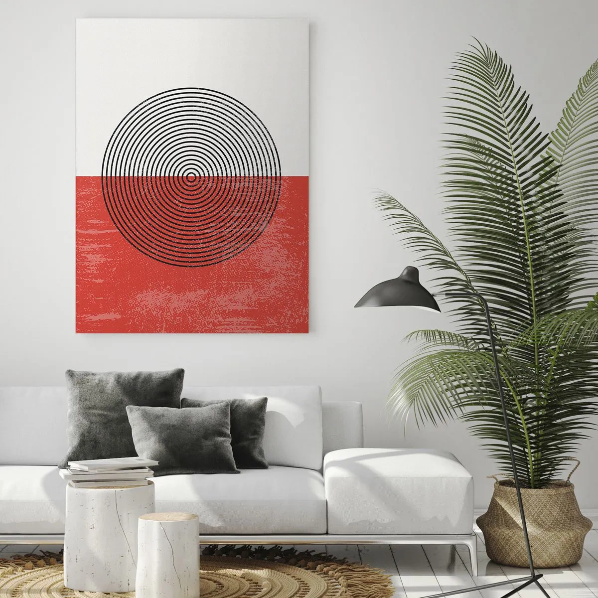 Cuadro sobre vidrio - Impresiones sobre Vidrio - Patrón geométrico con círculos concéntricos sobre un fondo rojo y blanco. - 70x100cm - En el corazón de la misma - Decoración de pared moderna para salón y dormitorio ARTTOR