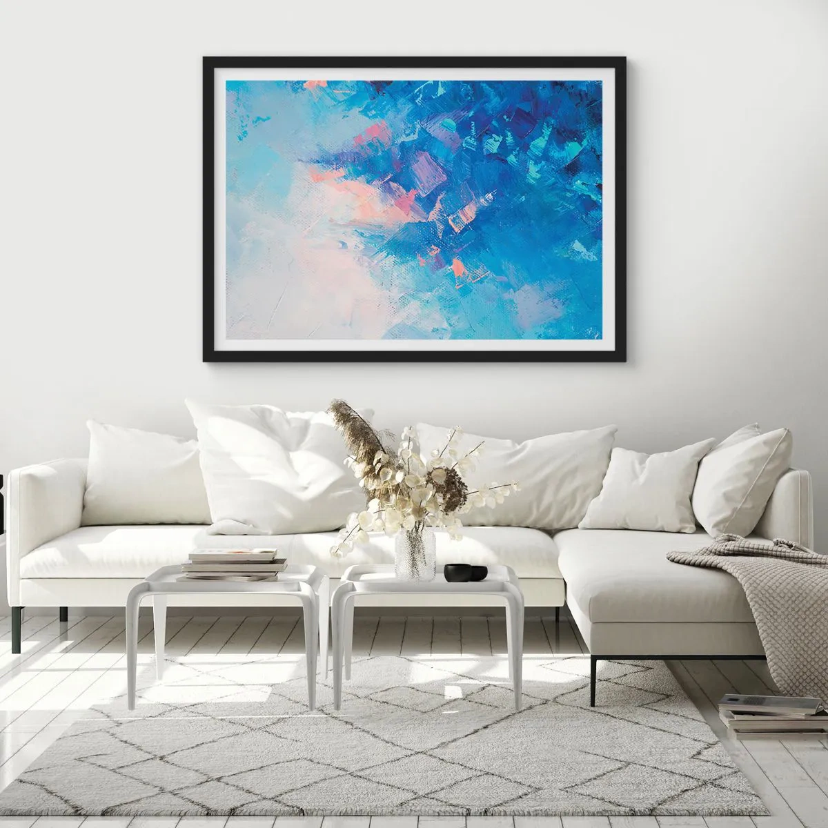 Póster en marco negro - Composición abstracta en tonos azules y rosas. - 70x50cm - Abstracción invernal - Decoración de pared moderna para salón y dormitorio ARTTOR