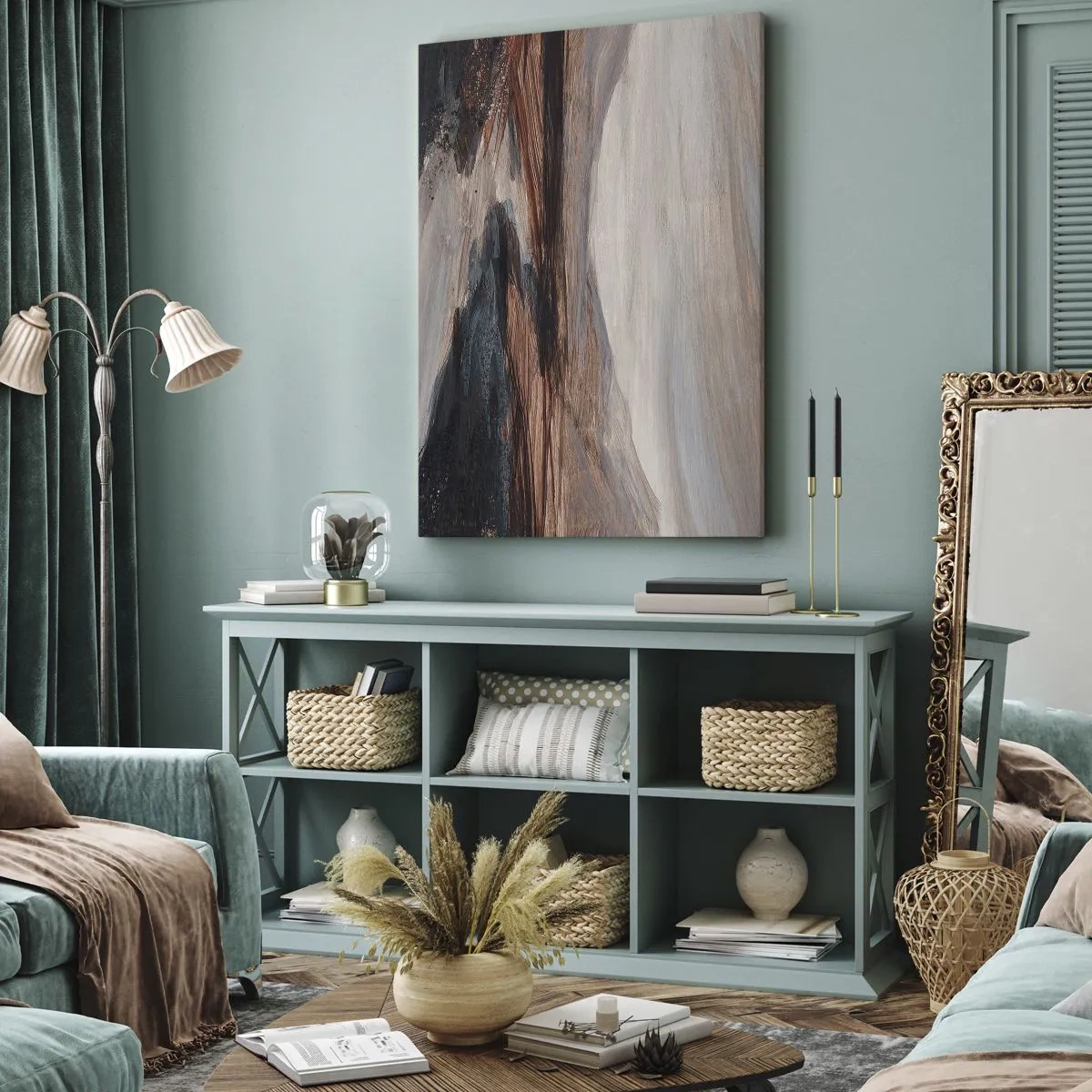 Cuadro sobre lienzo - Impresión de Imagen - Un paisaje pintoresco con un río y montañas. - 80x120cm - Valle apacible - Decoración de pared moderna para salón y dormitorio ARTTOR