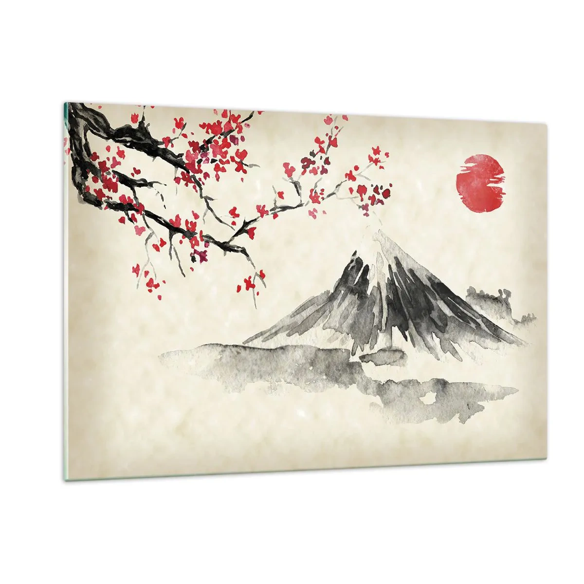 Cuadro sobre vidrio - Impresiones sobre Vidrio - Pintura de acuarela japonesa de una montaña y una rama floreciente. - 120x80cm - Enamórate de Japón - Decoración de pared moderna para salón y dormitorio ARTTOR