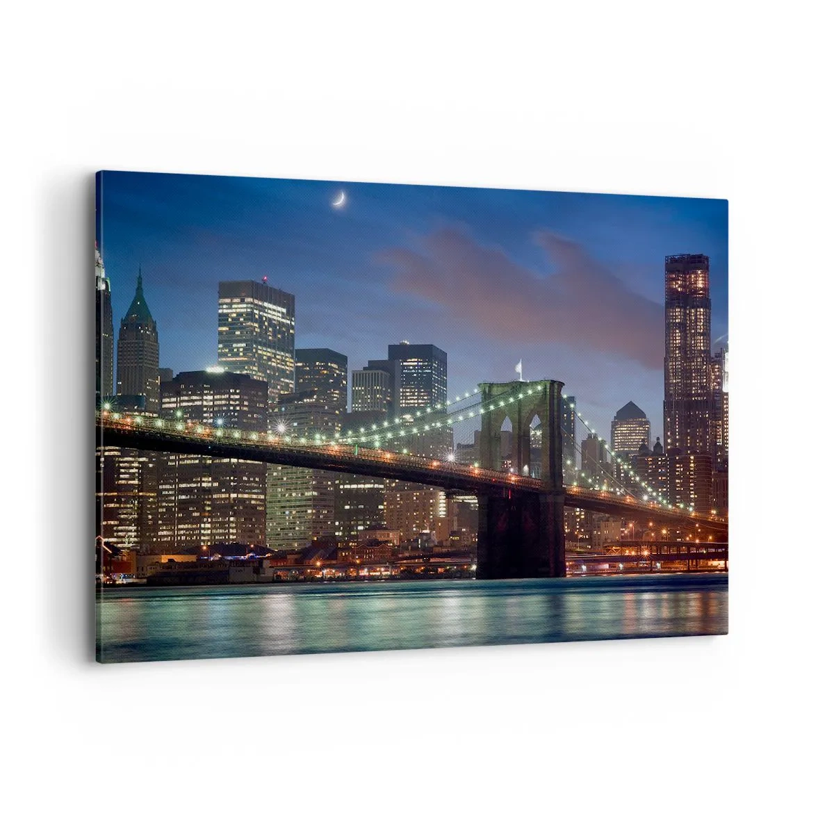Cuadro sobre lienzo - Impresión de Imagen - Puente de la ciudad de Nueva York de noche con edificios iluminados - 100x70cm - Una noche iluminada - Decoración de pared moderna para salón y dormitorio ARTTOR